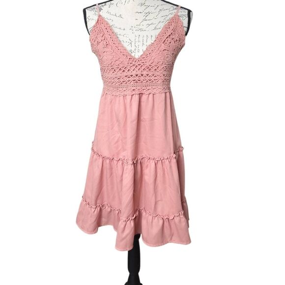 SHEIN Dresses & Skirts - Shein Women's Size XL Dusty Pink Crochet Bodice Ruffled Skirt Tie Back Dress